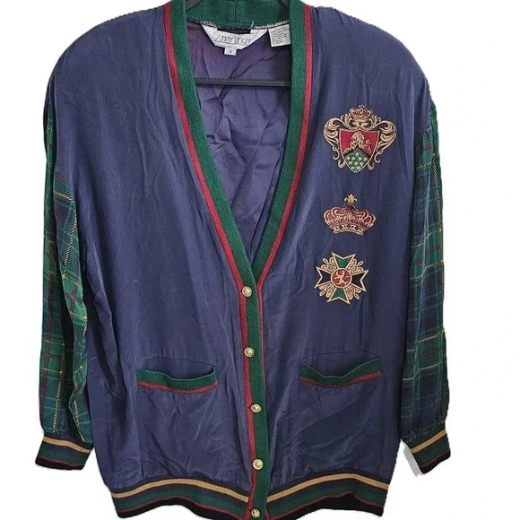 Vintage 90s Sunny Leigh Silk Button Up Multicolor Jacket Tartan Sleeves Small - Picture 2 of 7